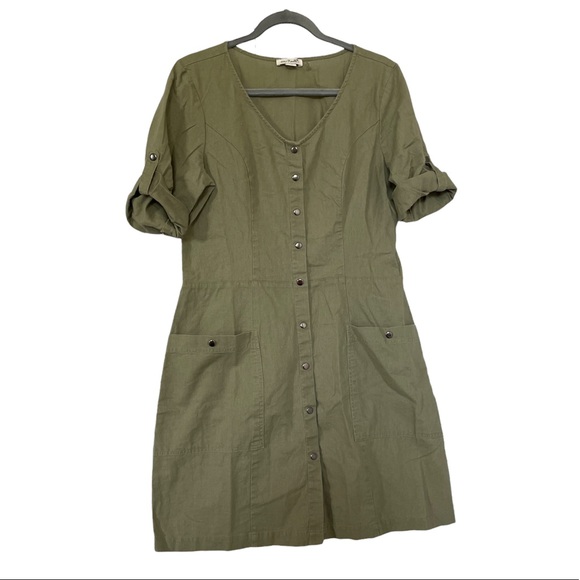 Simply Noelle Dresses & Skirts - Simply Noelle S/M linen olive green dress button up short sleeve pockets summer